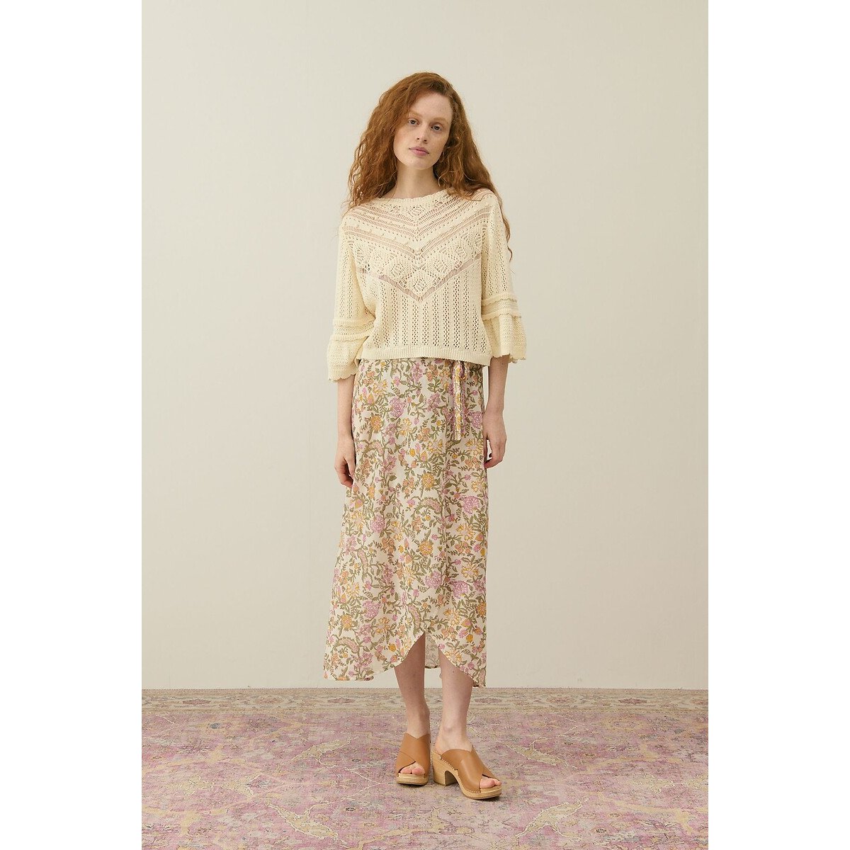 Croisette Crochet Knit Jumper with Elbow-Length Sleeves ecru , LOUISE MISHA