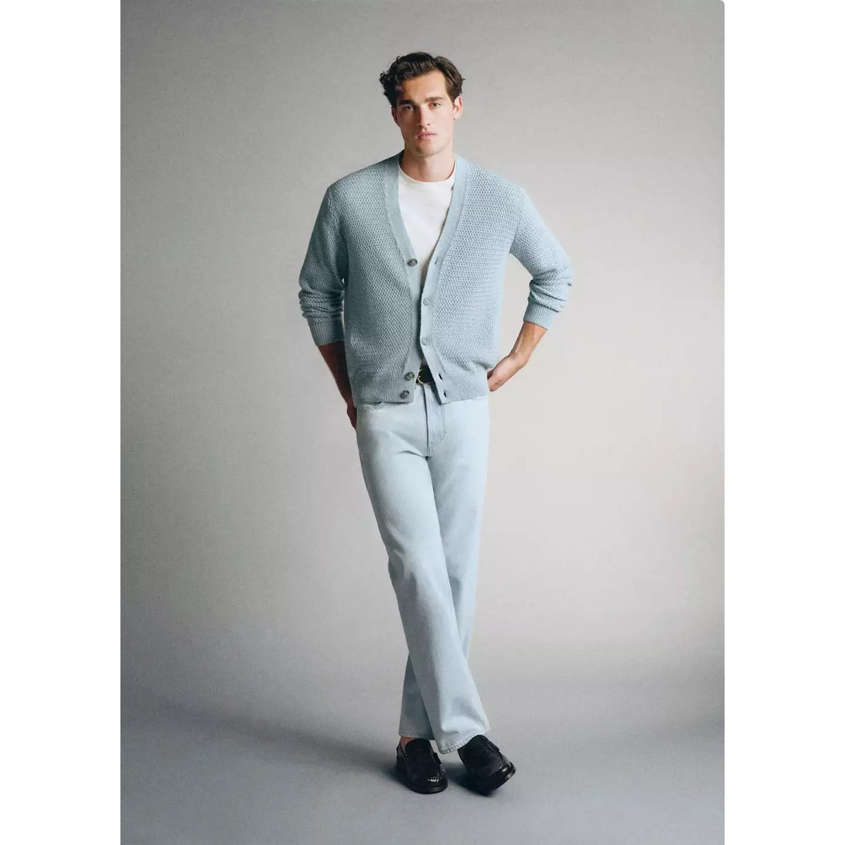 Cardigan 100 % coton filé Pinori Filati bleu ciel, MANGO MAN