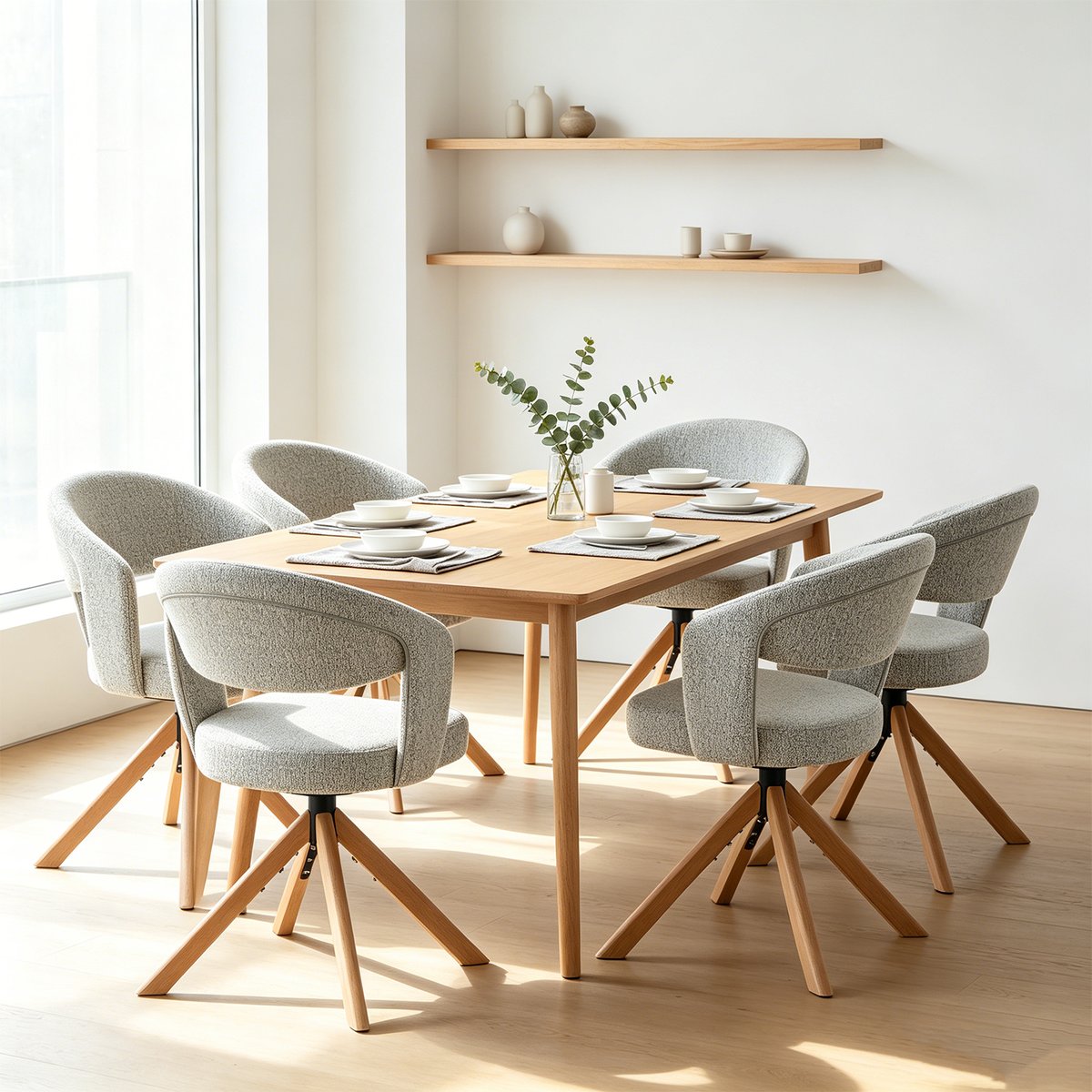 Lot de 6 fauteuils de salle à manger en chenille rotatif scandinave, CARMONDA chêne, MEUBLES COSY