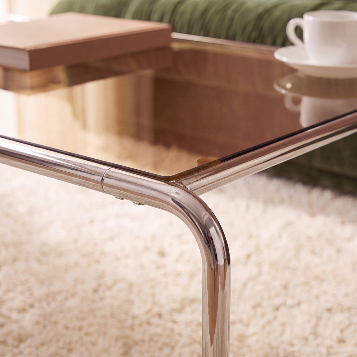 Table basse en verre pieds chrome L110cm- RIKA verre ambré, DRAWER