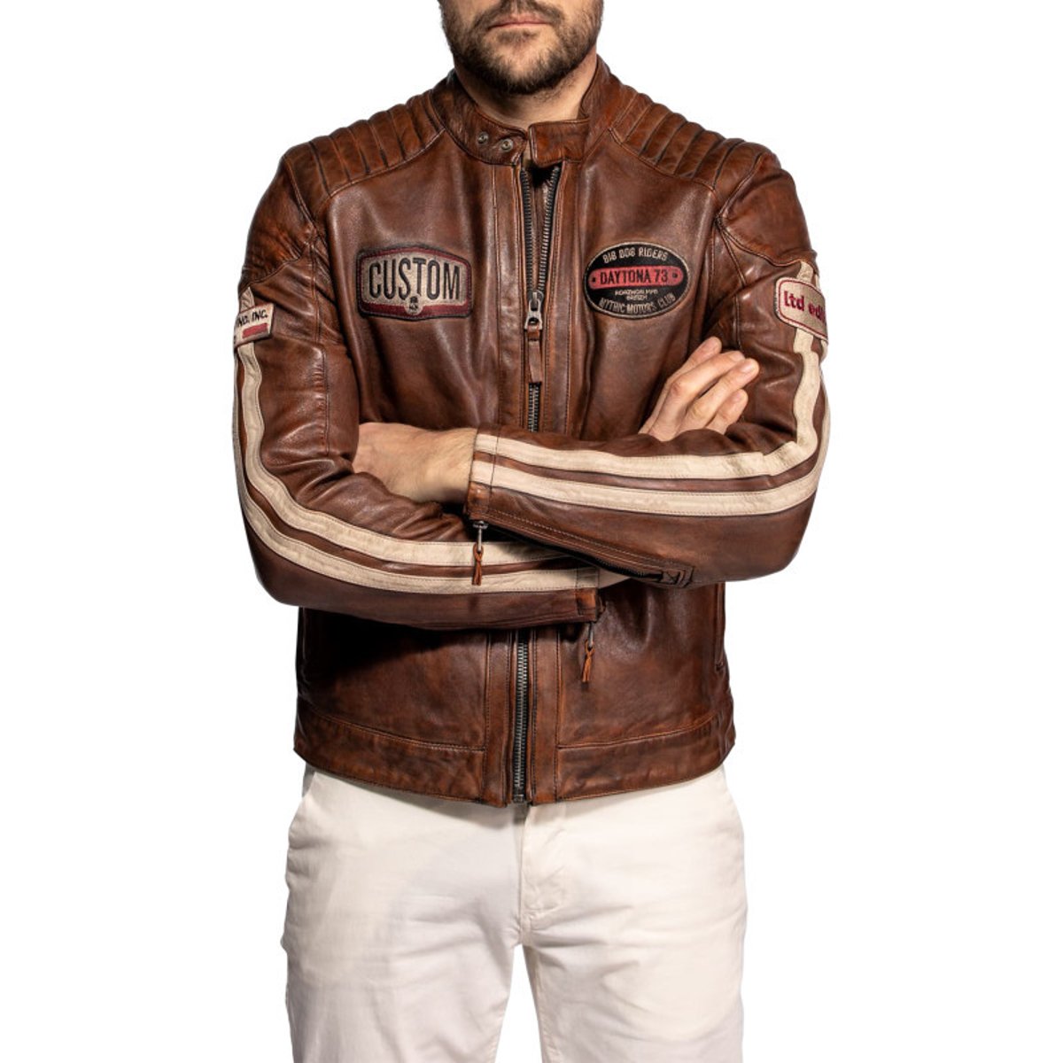Blouson Corning en cuir d'agneau brun à coupe droite pourvu d'un col boutonné marron, DAYTONA