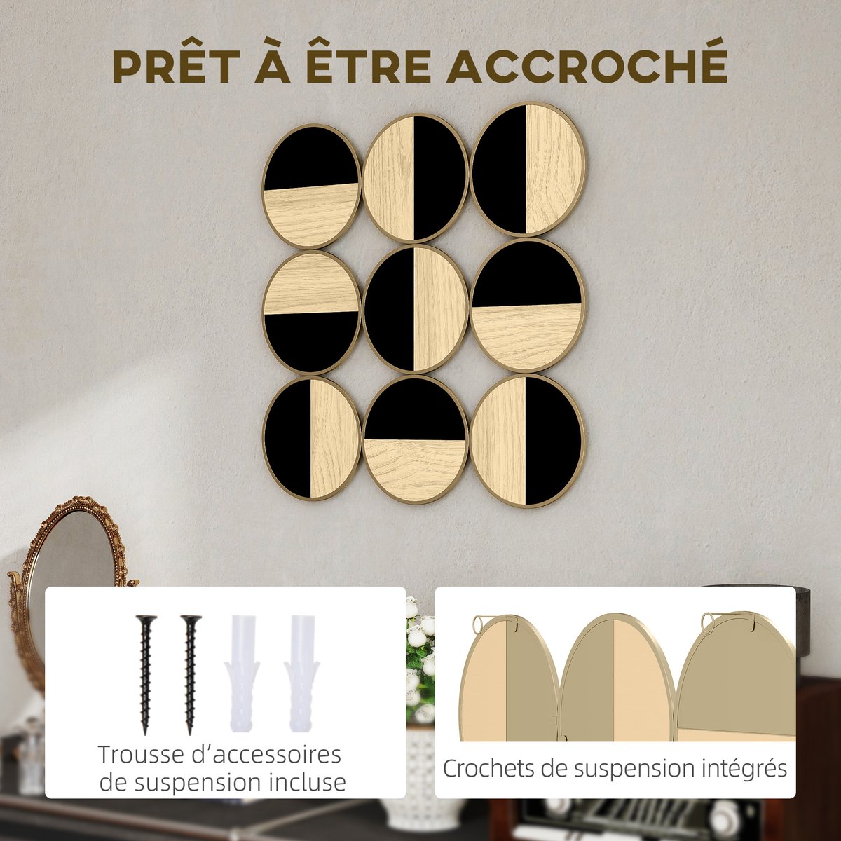 Metal Wall Décor MDF Bois naturel et noir beige, HOMCOM