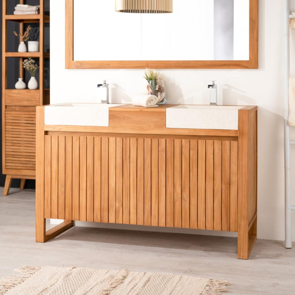 Meuble et vasques en teck rectangle de 140 LUXE crème, WANDA COLLECTION