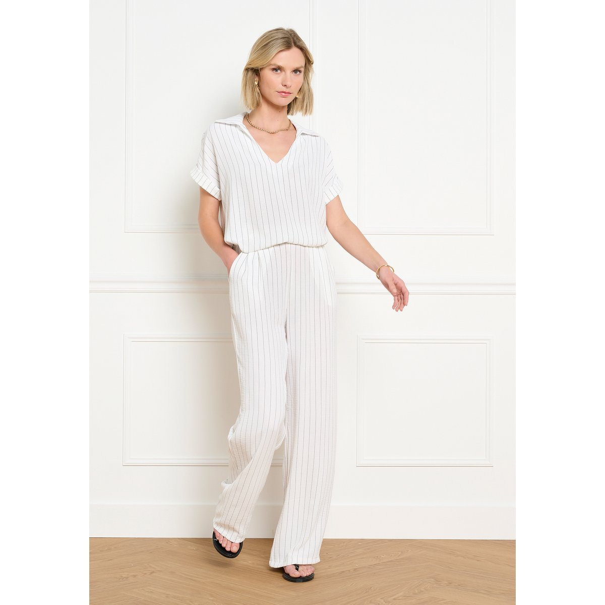 Pantalon large fluide rayé blanc vanille, LOLALIZA
