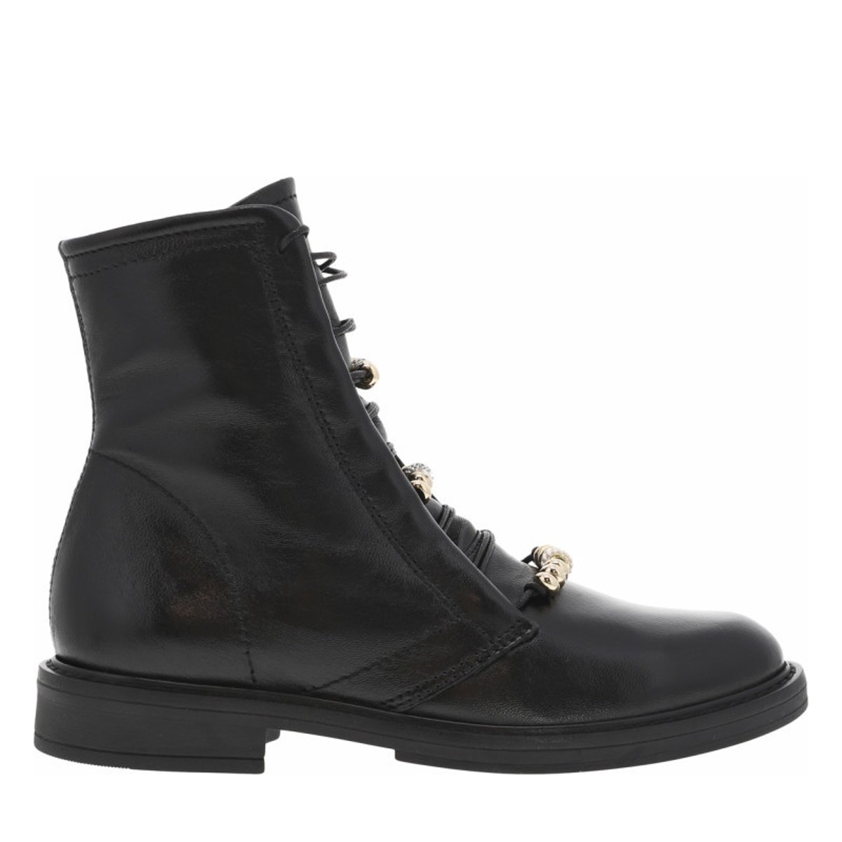 Bottines en cuir noires ornées de perles sur les lacets avec talon décroché bas noires, MJUS
