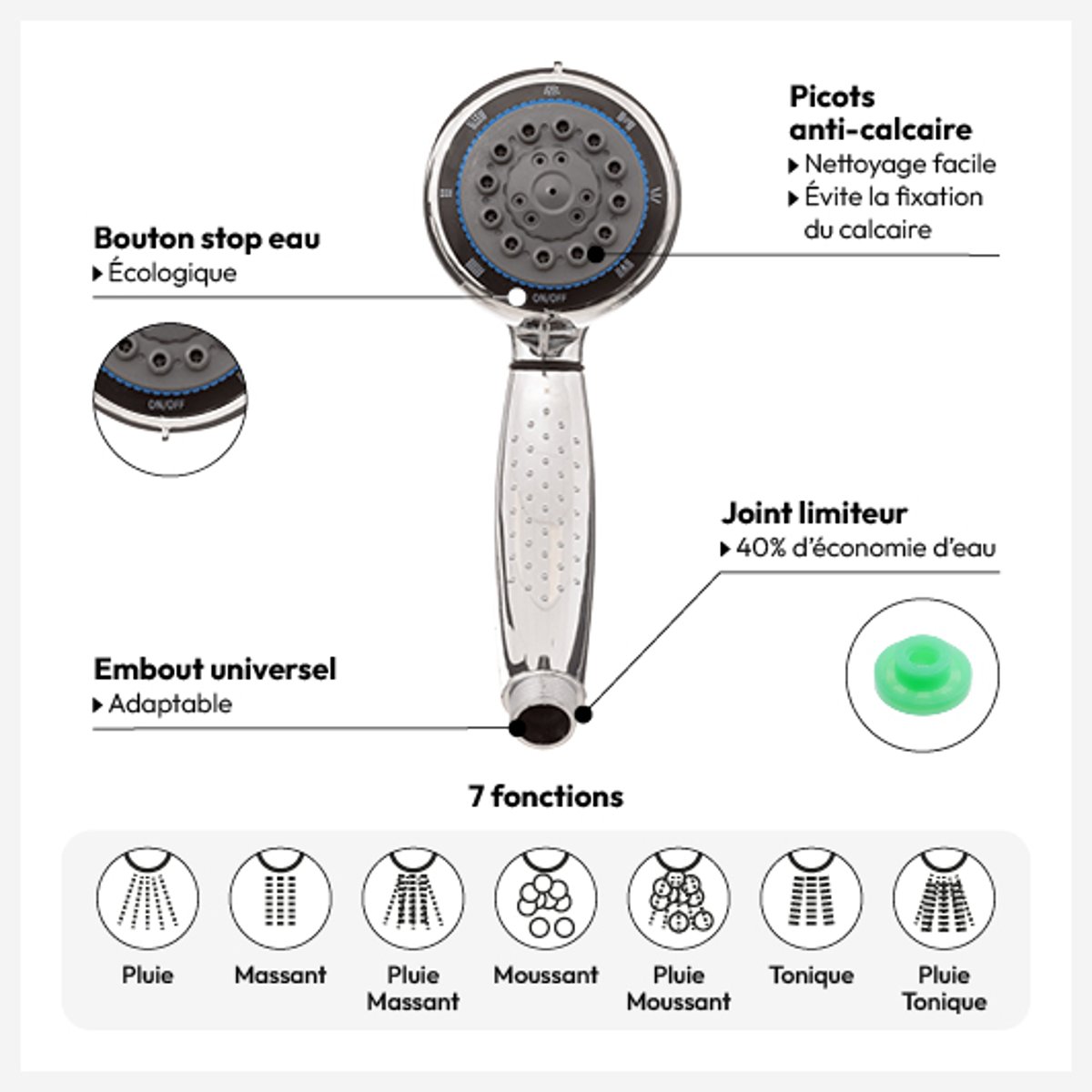Pommeau de douche rond gris, 5FIVE SIMPLY SMART