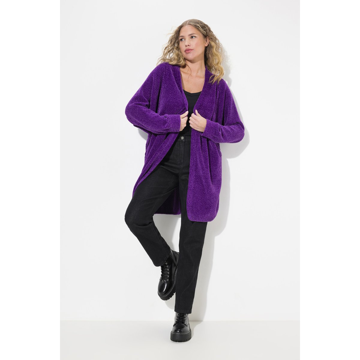 Cardigan oversize en maille de fil chenille violet foncé, ULLA POPKEN