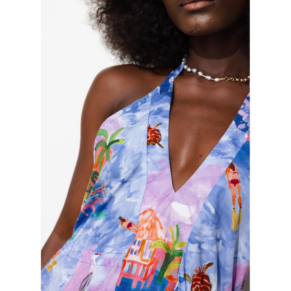Robe midi dos nu paysage imprimé bleu, PROMOD