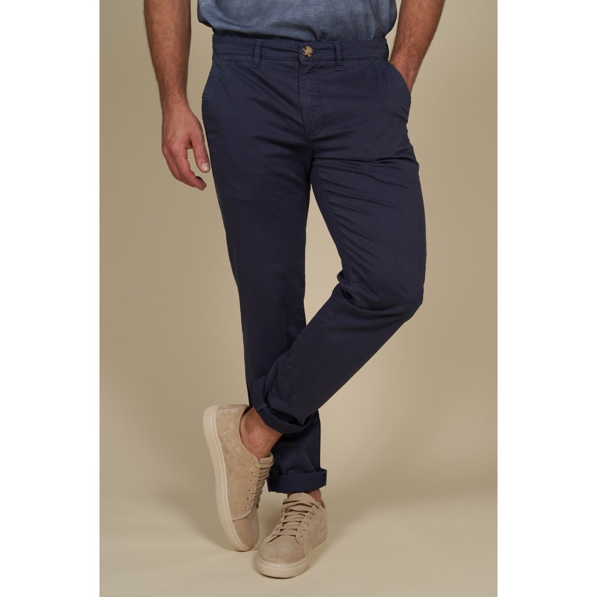Pantalon chino fin stretch uni bleu marine, MCS