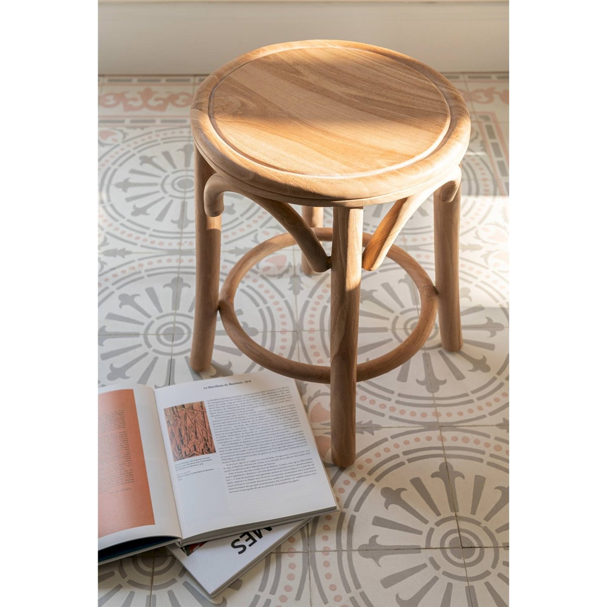 Tabouret rond en bois de teck teck naturel clair, RECOLLECTION