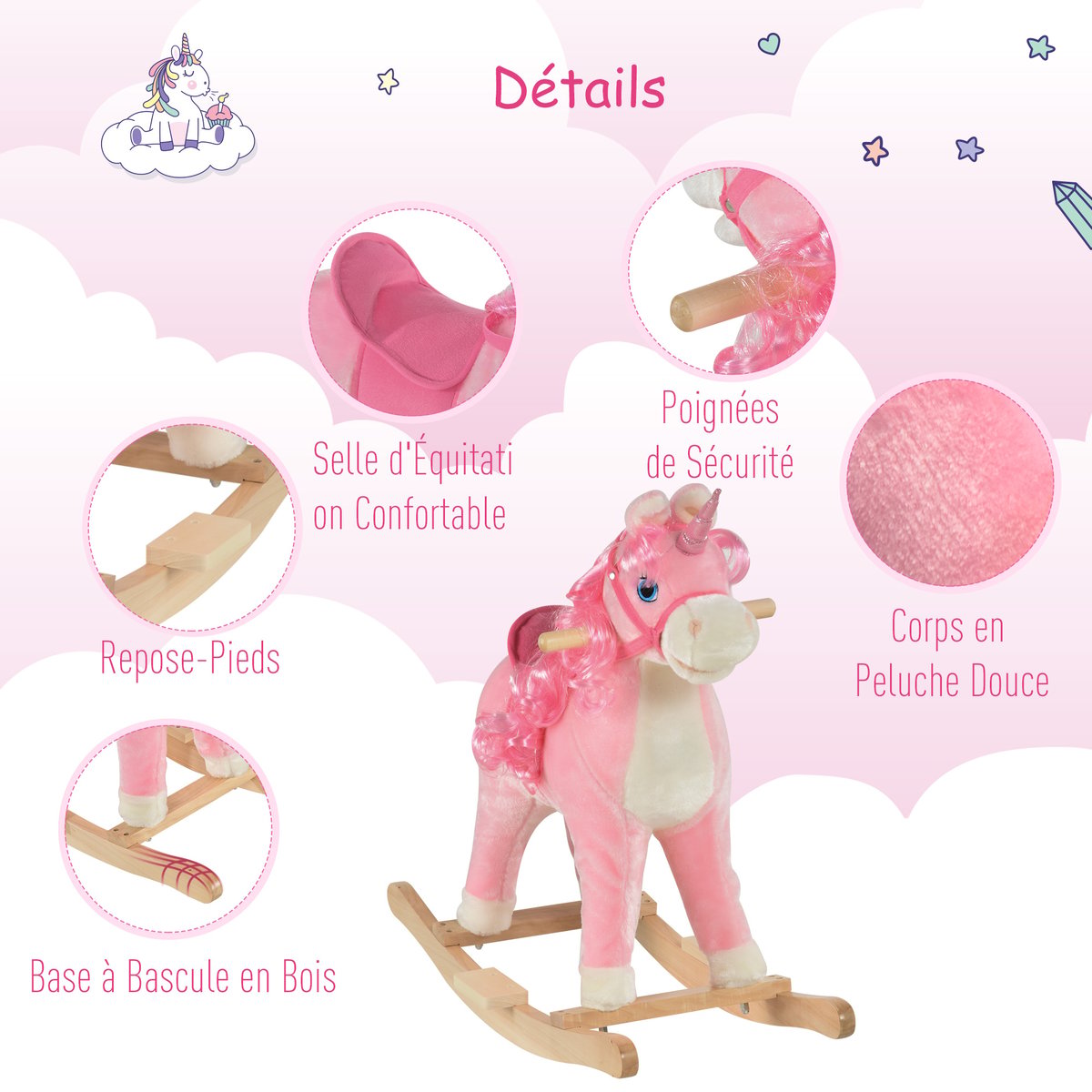 Cheval à bascule pour enfants Bois Rose rose, HOMCOM