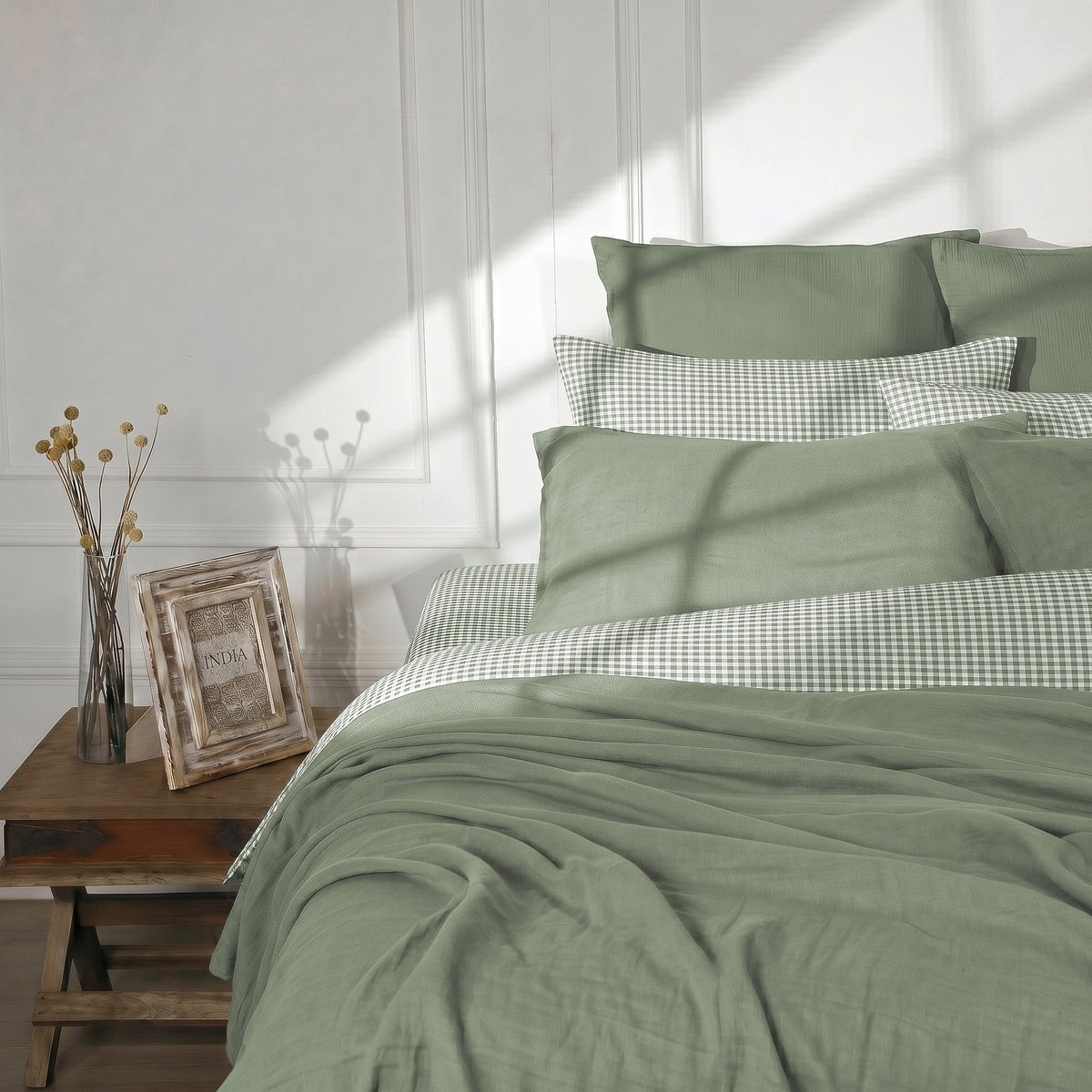 Parure + taies 65x65 coton lavé LUNAS vert céladon, FEBRONIE