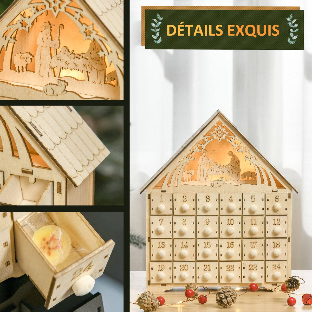 Calendrier de l'Avent de Noël Contreplaqué beige, HOMCOM