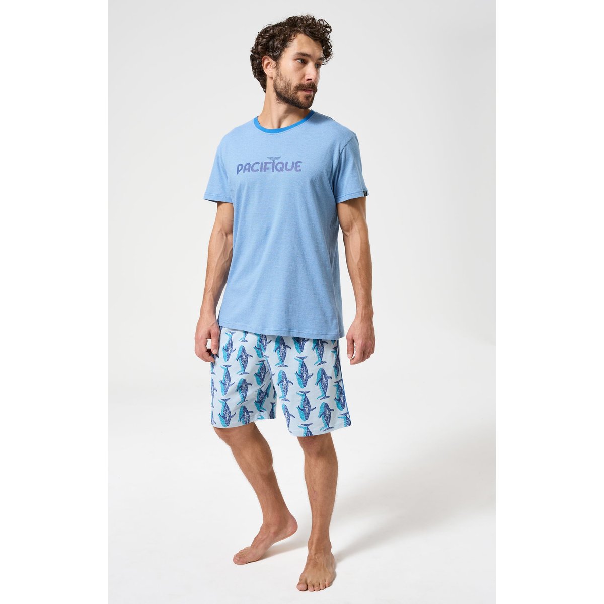Pyjashort en coton imprimé Pacifique bleu, ARTHUR