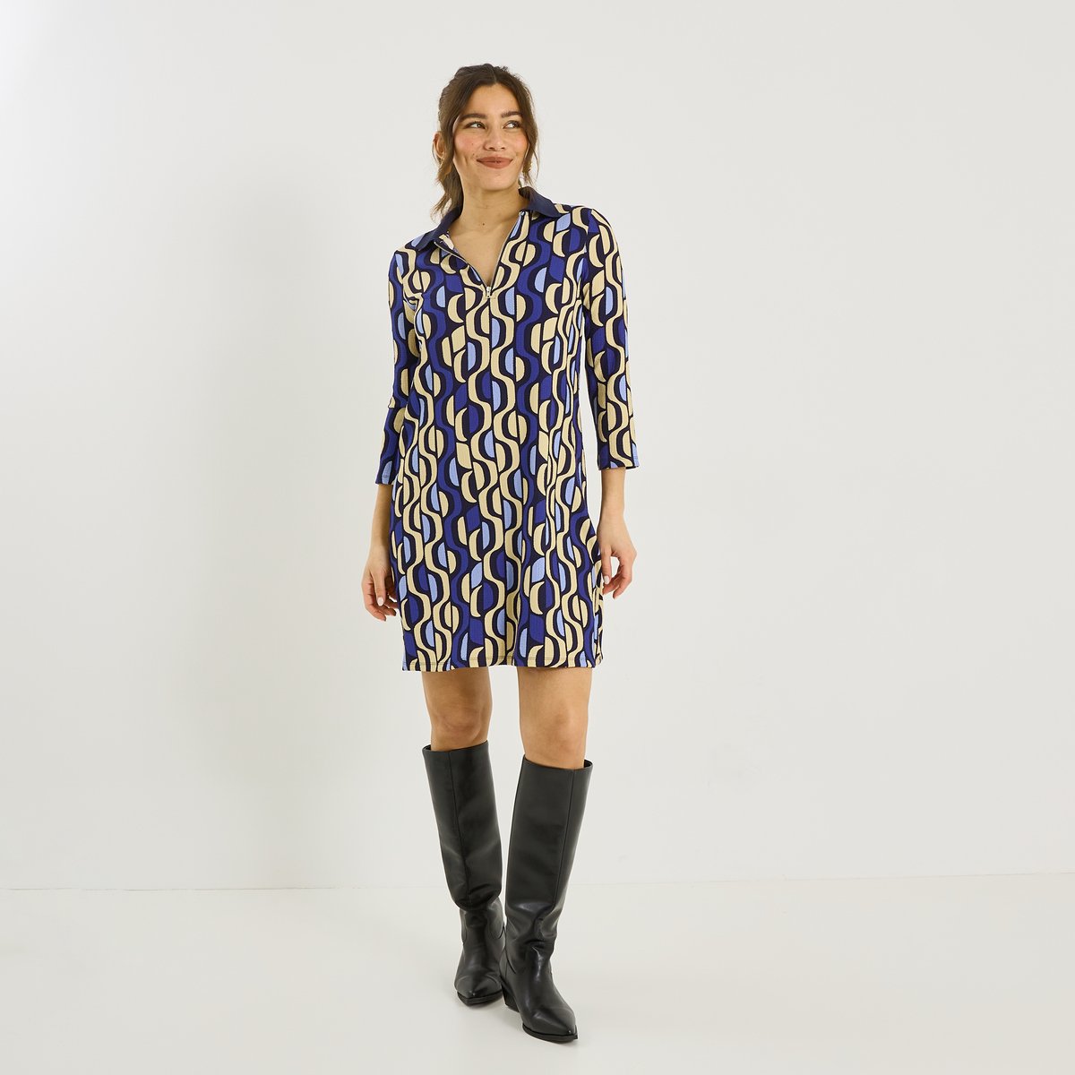 Robe courte en maille imprimée bleu marine, GRAIN DE MALICE