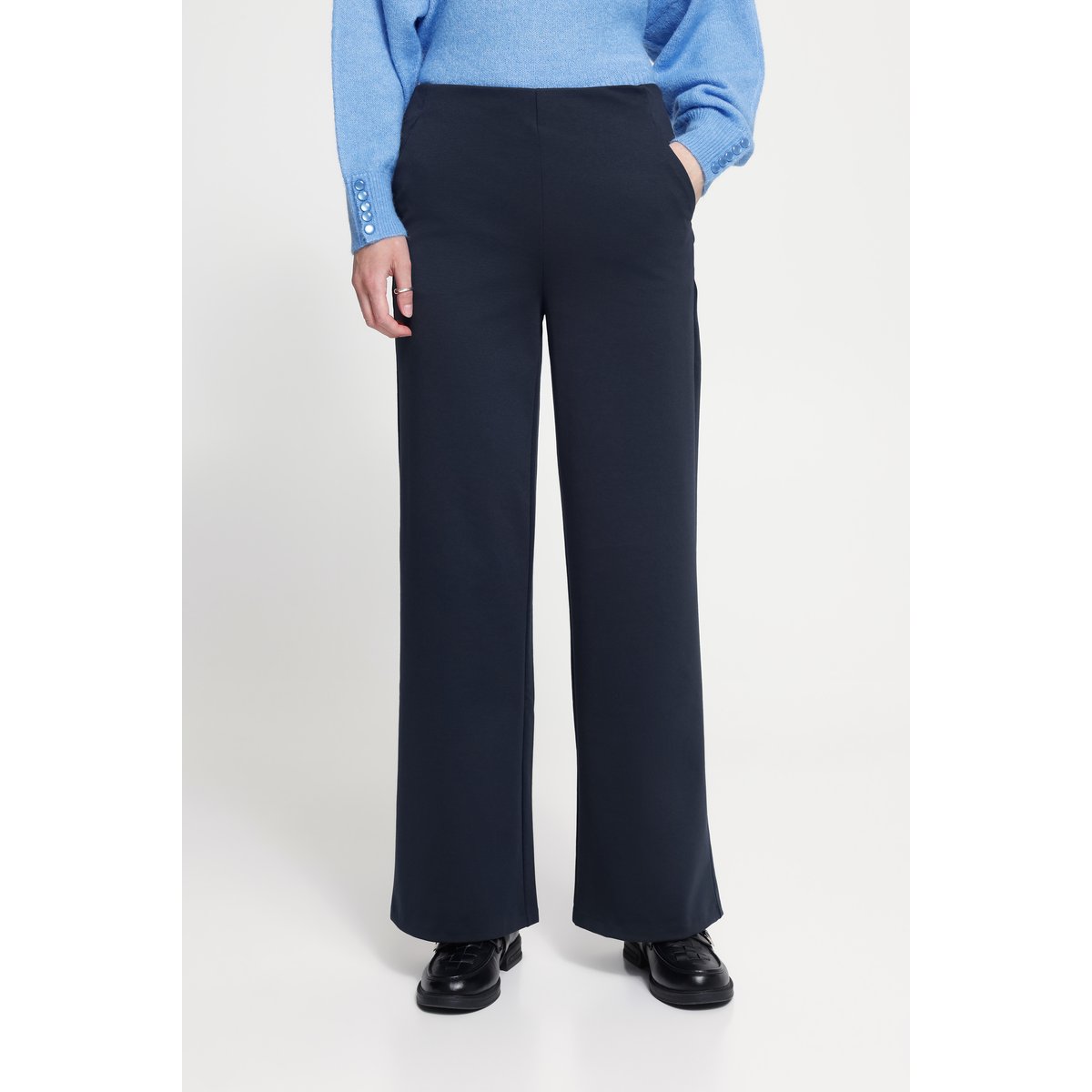 Pantalon jambe large, coupe droite, taille haute bleu total eclipse, ICHI