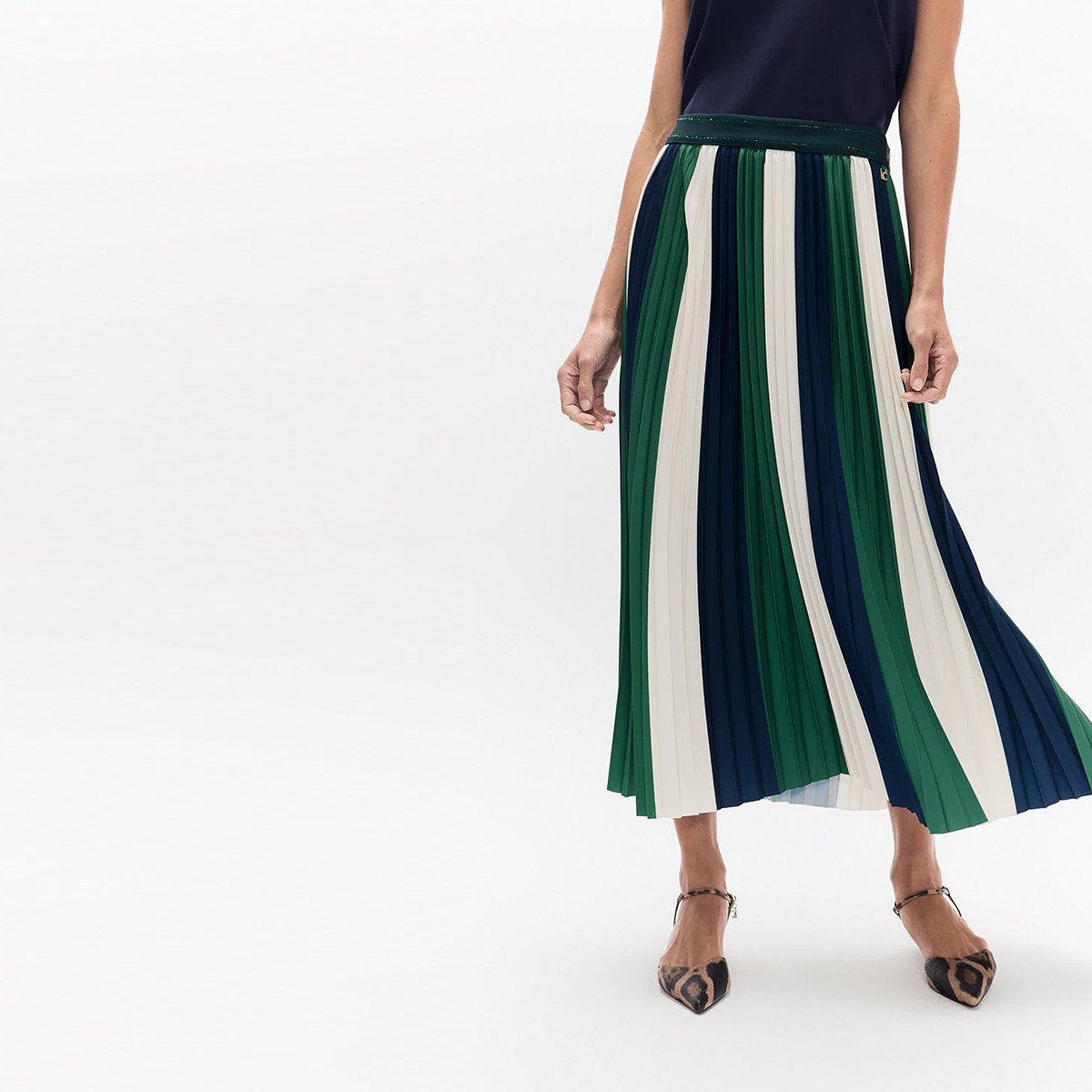 Jupe midi plissée tricolore vert bouteille, LOLA CASADEMUNT