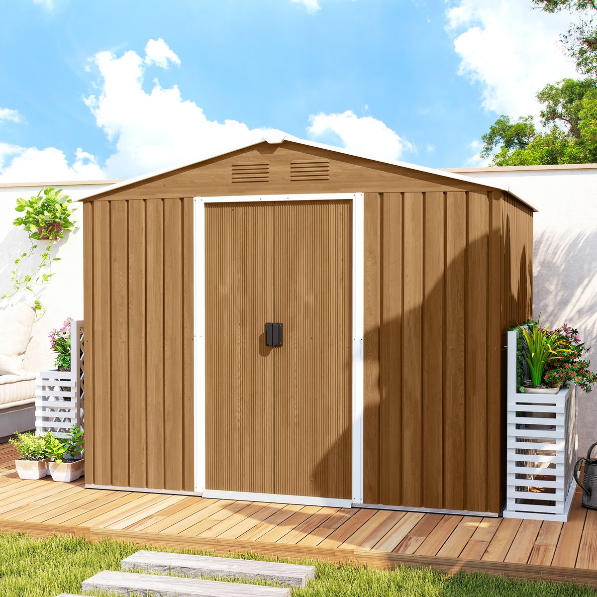 Abri de jardin Acier galvanisé Marron marron foncé effet bois, OUTSUNNY