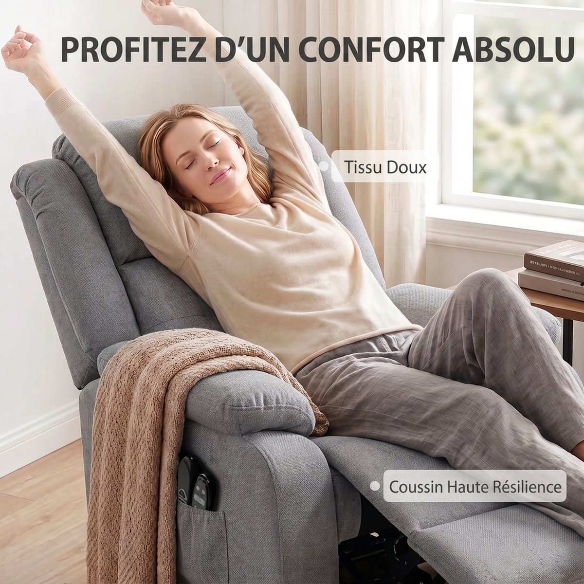 Fauteuil releveur multifonctionnel Velours gris clair, HOMCOM
