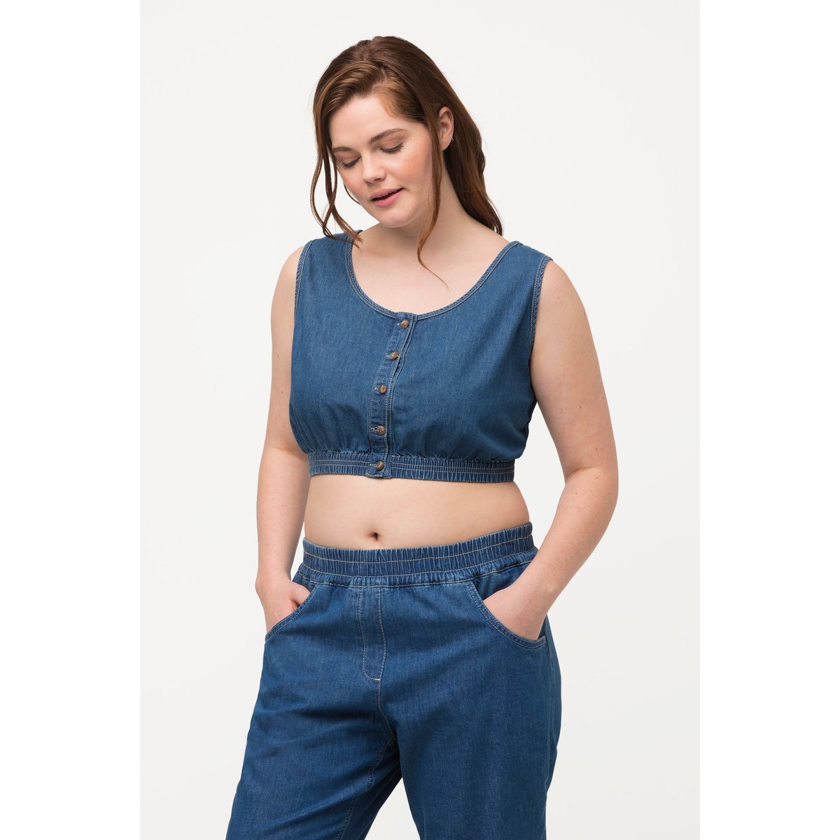Bustier en coton bio, aspect jean. Col rond. bleu jean, ULLA POPKEN
