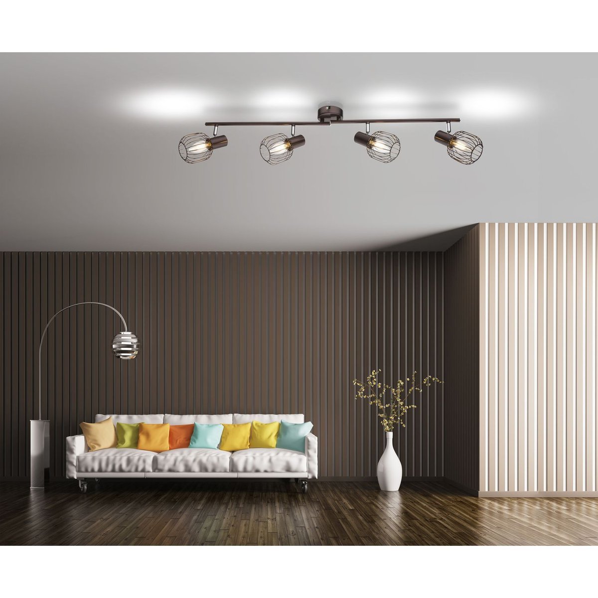 Plafonnier rampe 4 spots en métal design industriel AKIN marron, GLOBO LIGHTING