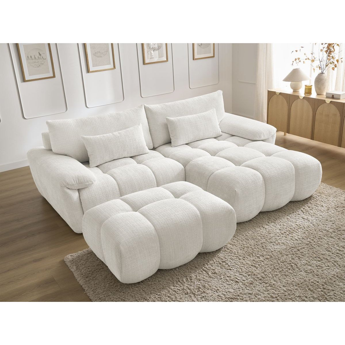 Canapé d'angle fixe 4 places en tissu texturé, IVANE blanc, BOBOCHIC