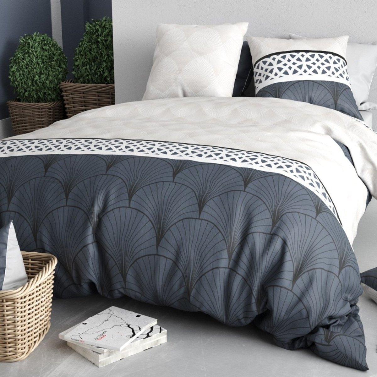 Housse de couette 100% coton 57 fils + 2 taies d’oreiller gris, DECORATIE