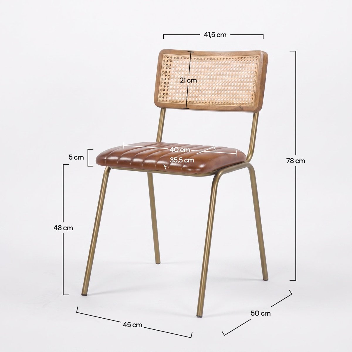 Lot de 2 chaises en cuir et cannage - ARSÈNE marron et métal doré, MAISON PAVANE