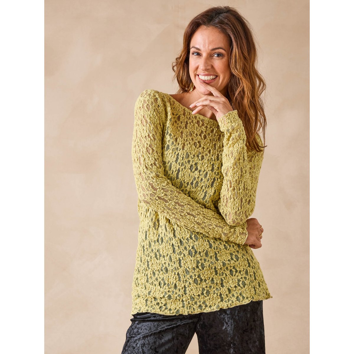 Tee-shirt dentelle manches longues vert, DAXON