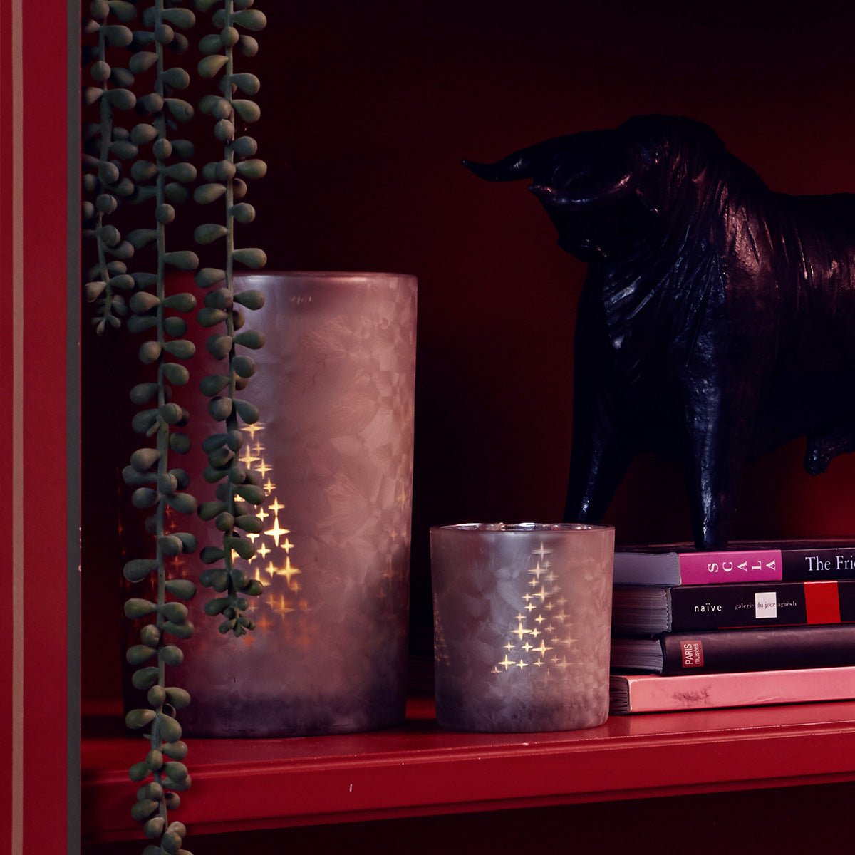 Photophore de noël décoratif en verre dépoli H18 STARRY gris, SIA DECO