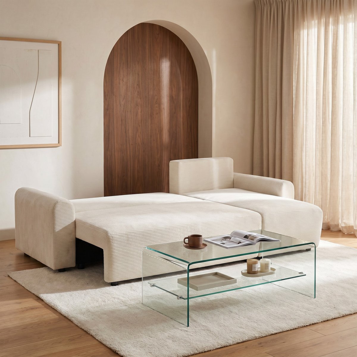 Canapé d'angle convertible réversible 4 places en velours côtelé- POL beige, DRAWER