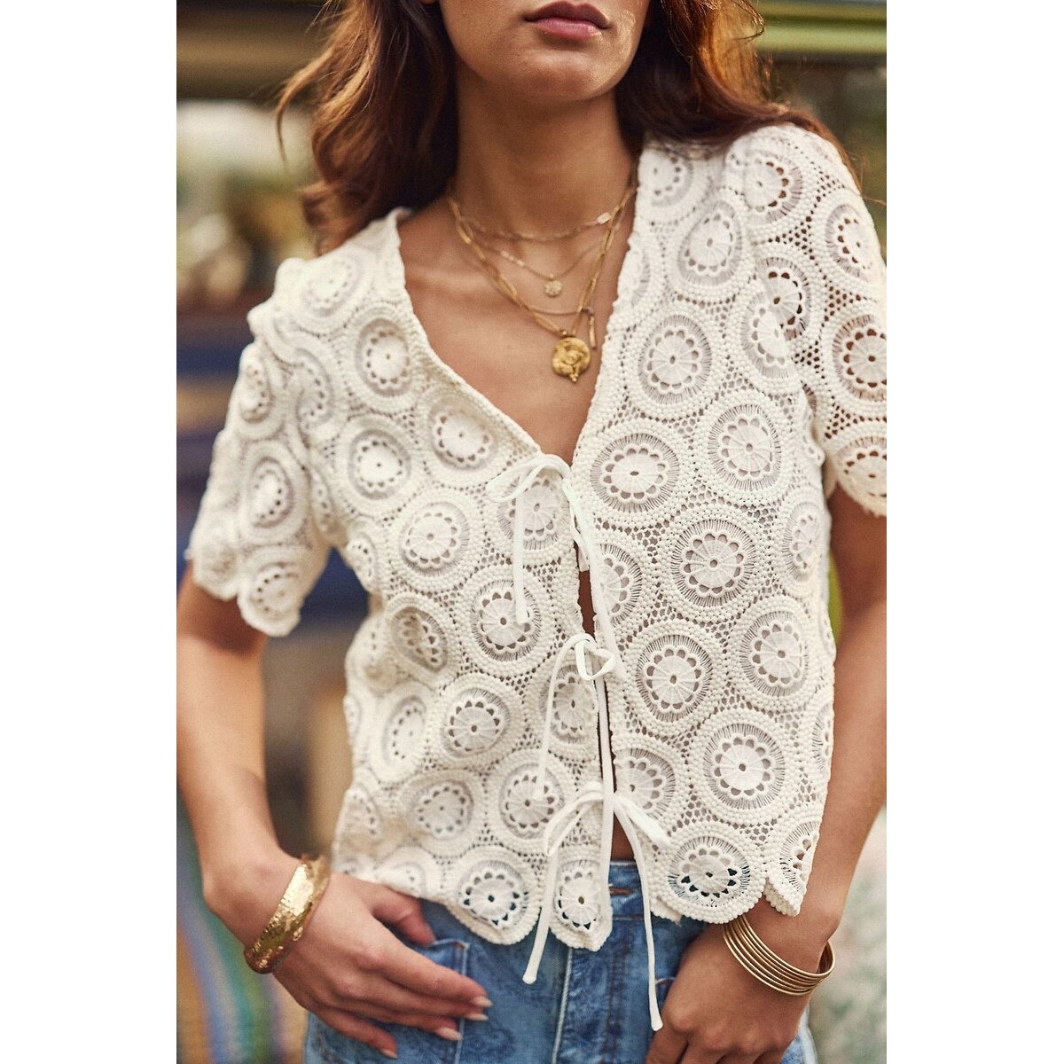 Talia Lace Blouse with Tie-Front and Short Sleeves ecru , LA PETITE ETOILE