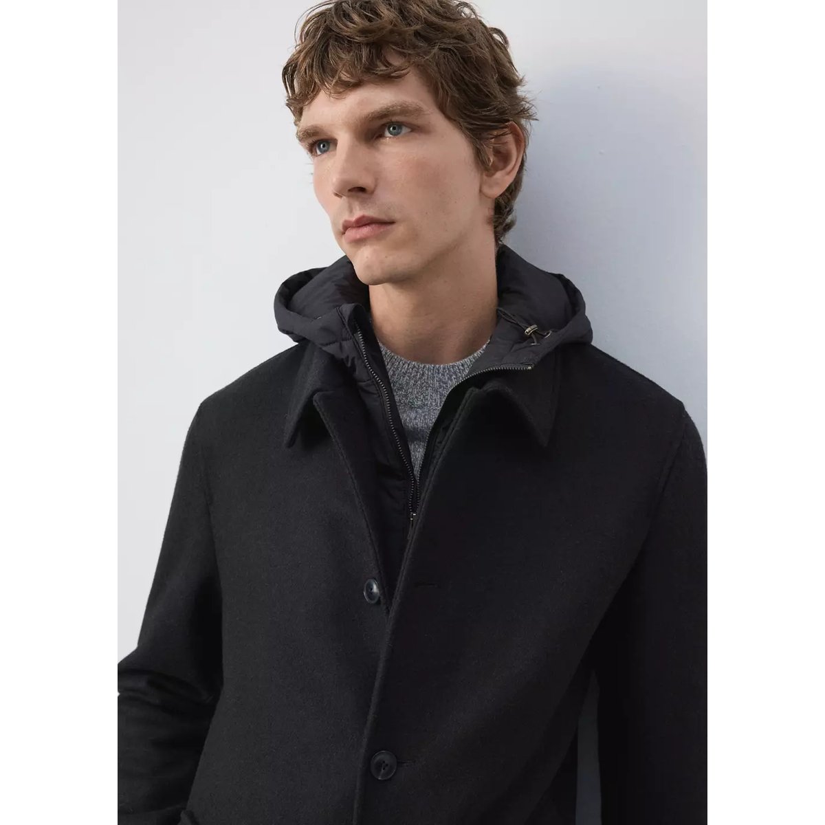 Manteau laine mélangée capuche amovible café, MANGO MAN