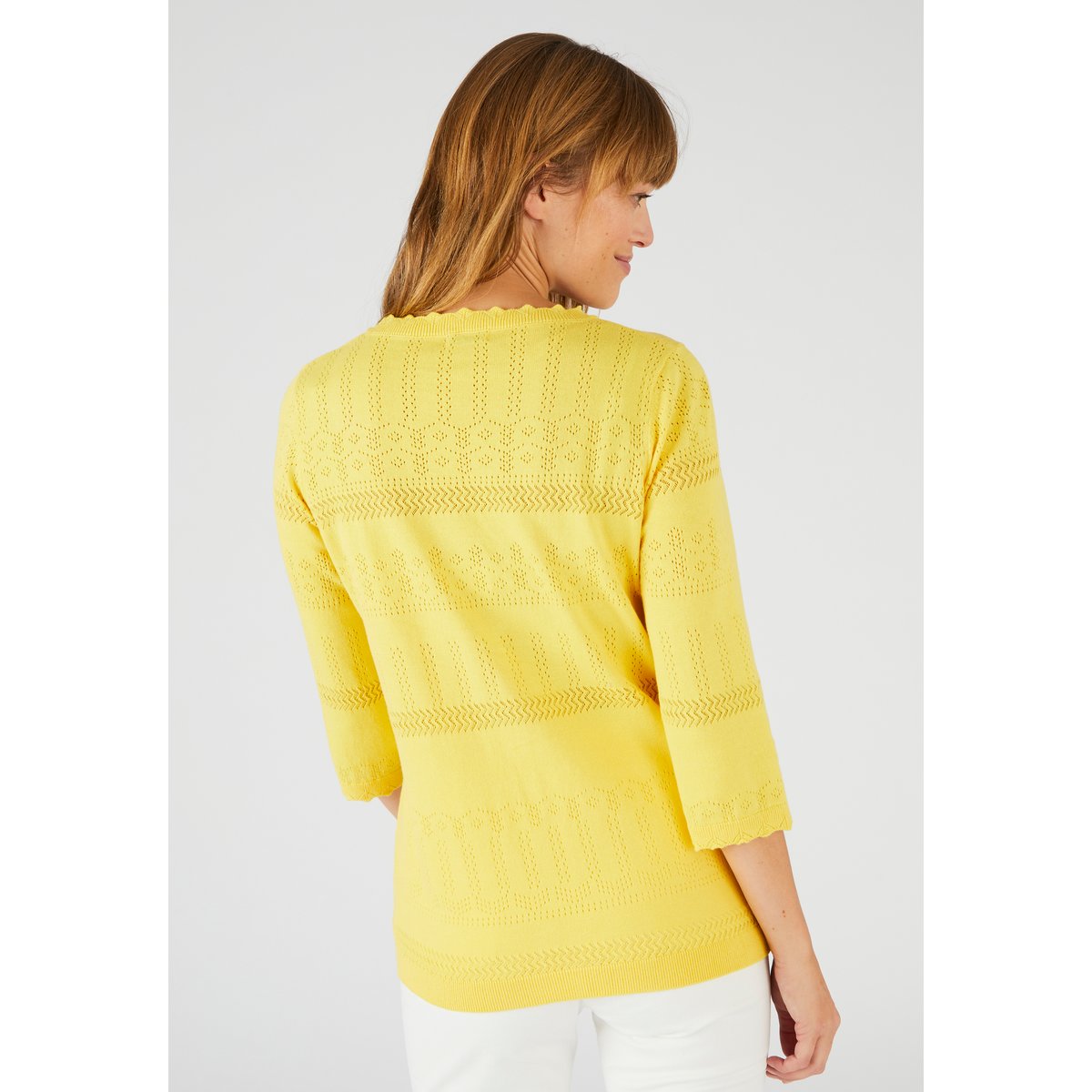 Pull ajouré en coton majoritaire jaune paille, DAMART