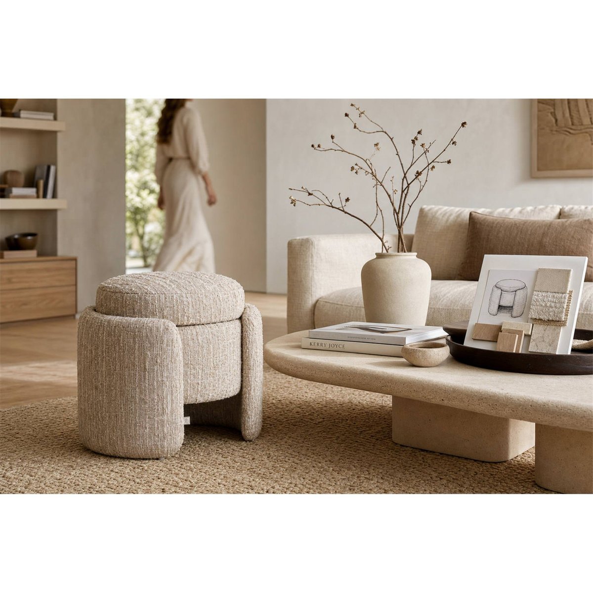 Pouf coffre contemporain avec rangement beige angora, RECOLLECTION