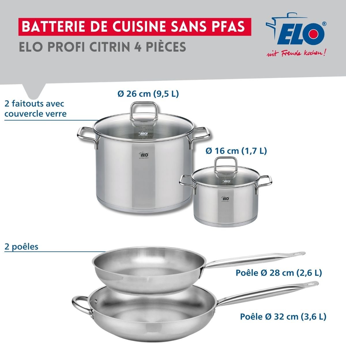 Batterie 2 poêles 28/32cm + 2 faitouts 16/26cm PROFI CITRIN inox, ELO