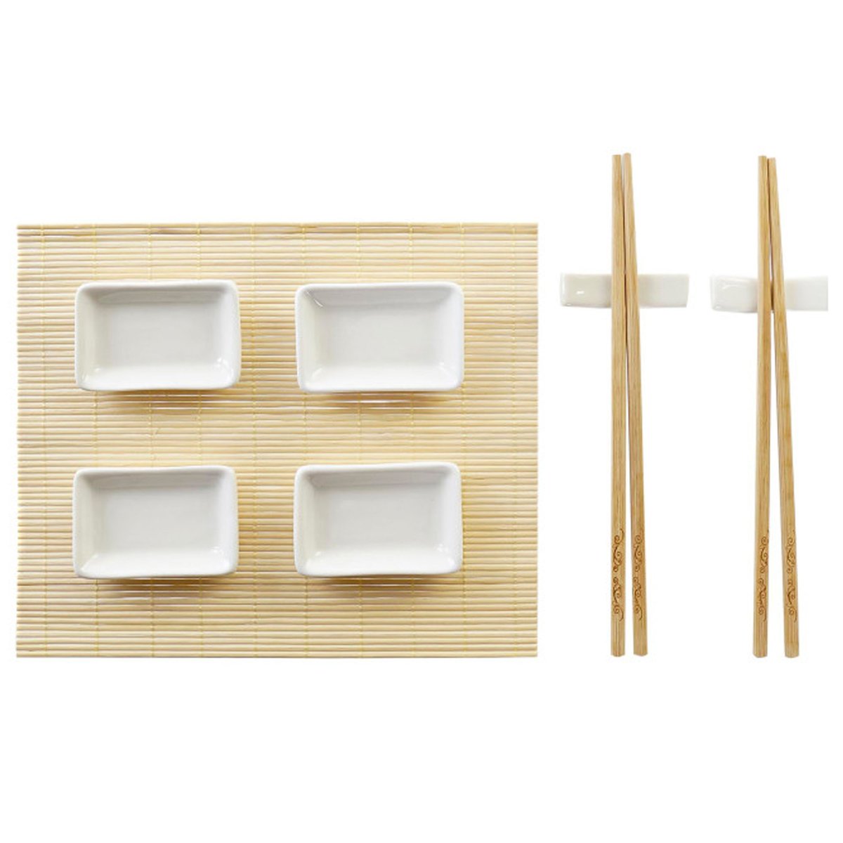 Set à sushi 9 pièces bambou et céramique blanche blanc, WADIGA
