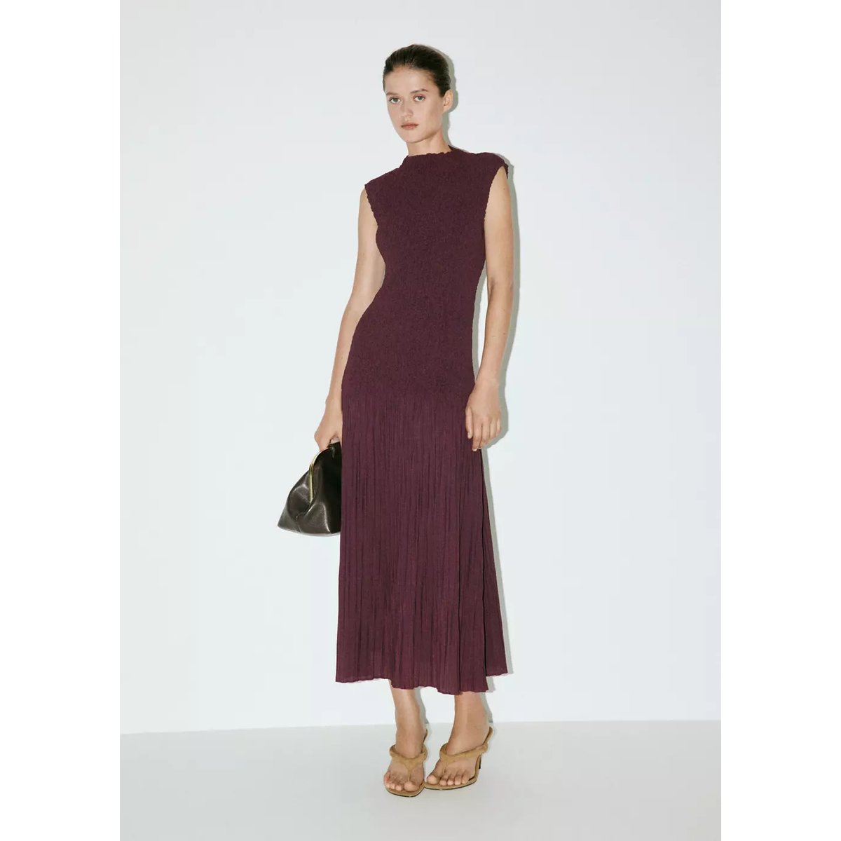 Robe évasée combinée texturée bordeaux, MANGO