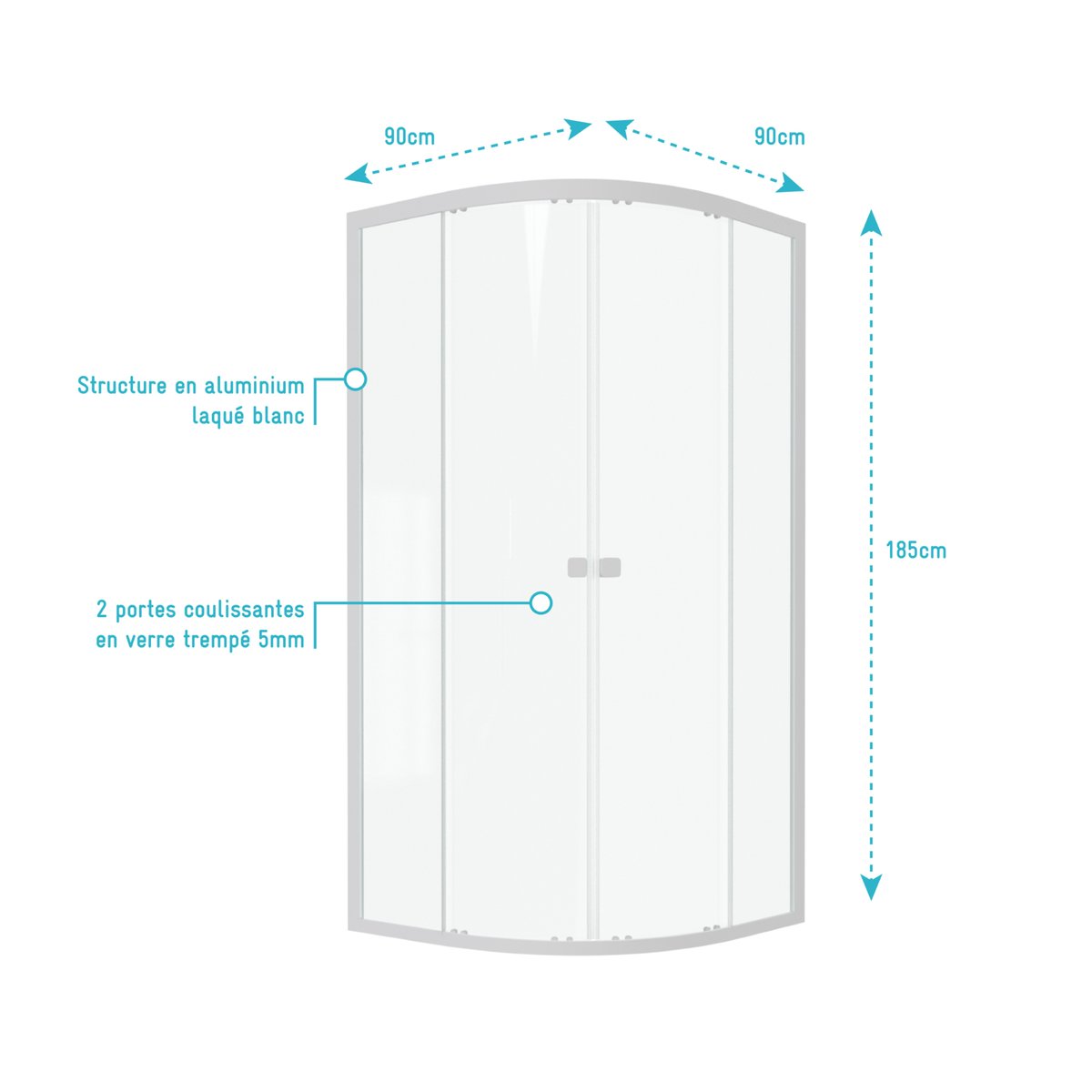 Porte de douche quart de cercle en verre trempé blanc, HOME MAISON