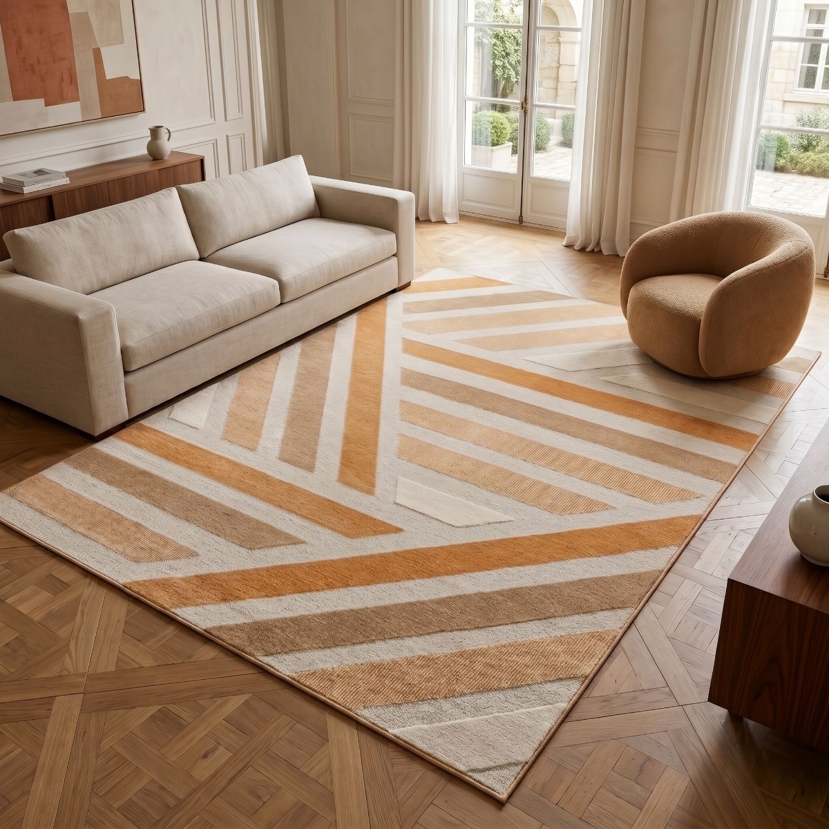 Tapis doux à relief graphique moderne BRELA GEO orange, THE DECO FACTORY