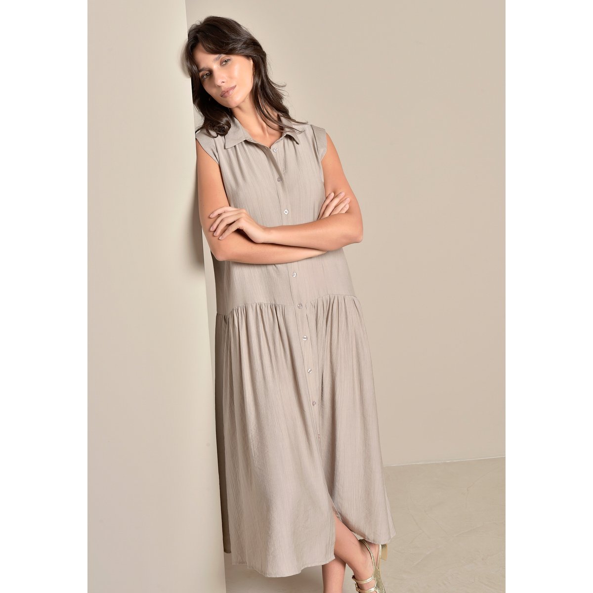 Robe chemise maxi jacquard taupe, LOLALIZA