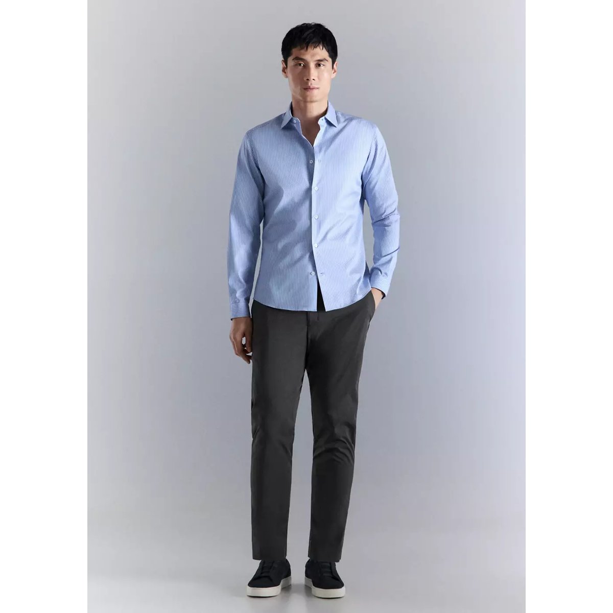 Chemise coton comfort stretch non-iron à rayures bleu ciel, MANGO MAN