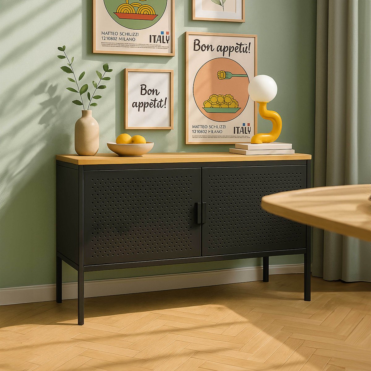 Buffet en métal 2 portes 100 cm, PUNCHY noir, OVIALA