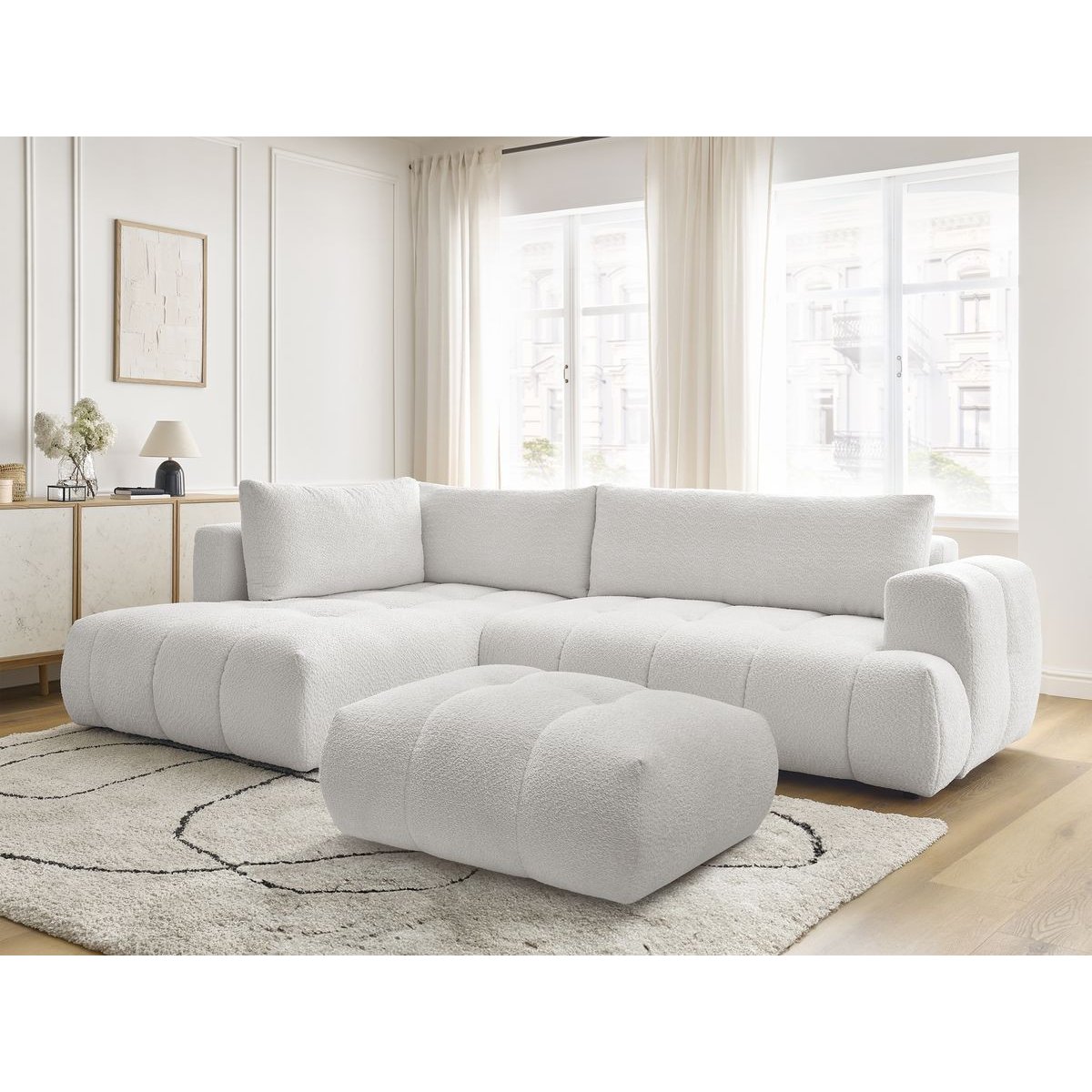 Canapé d'angle convertible 4 places en tissu bouclette avec pouf, FUJI blanc, BOBOCHIC