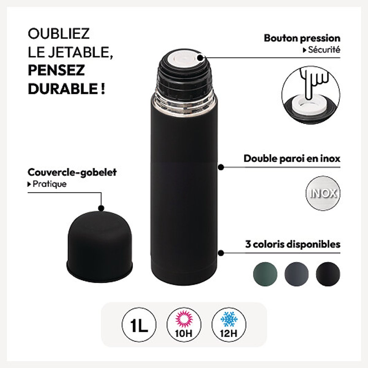 Bouteille isotherme 0,5L avec couvercle-tasse vert, 5FIVE SIMPLY SMART
