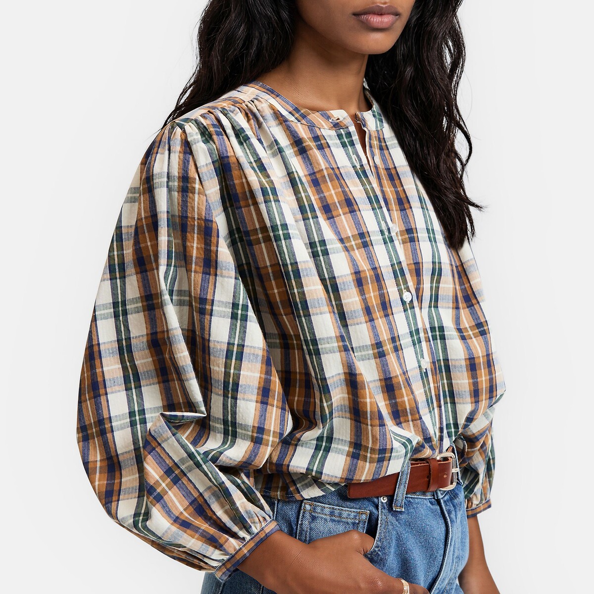 Blouse col mao oversize à carreaux, Signature BERTHE bleu marine/carreaux, LA REDOUTE COLLECTIONS