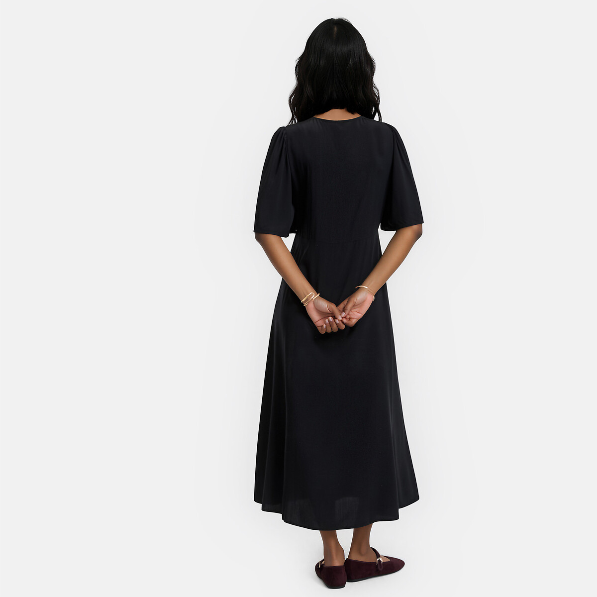 Langes Kleid mit V-Ausschnitt und kurzen Schmetterlingsärmeln schwarz, LA REDOUTE COLLECTIONS