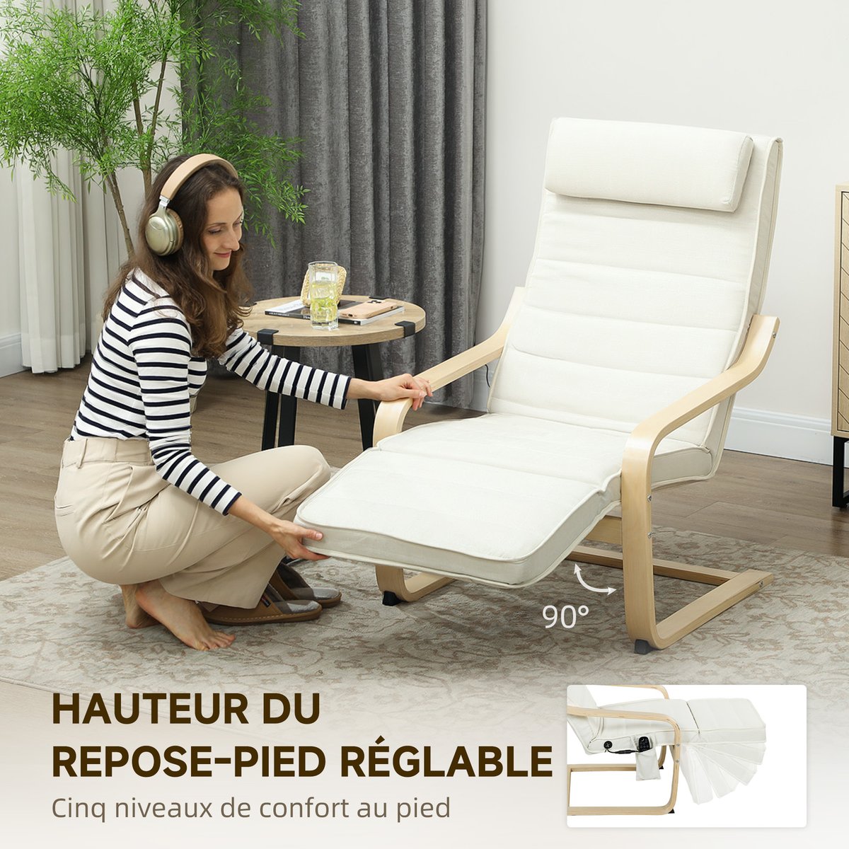 Accent Chair Lin Blanc crème, bois naturel, HOMCOM