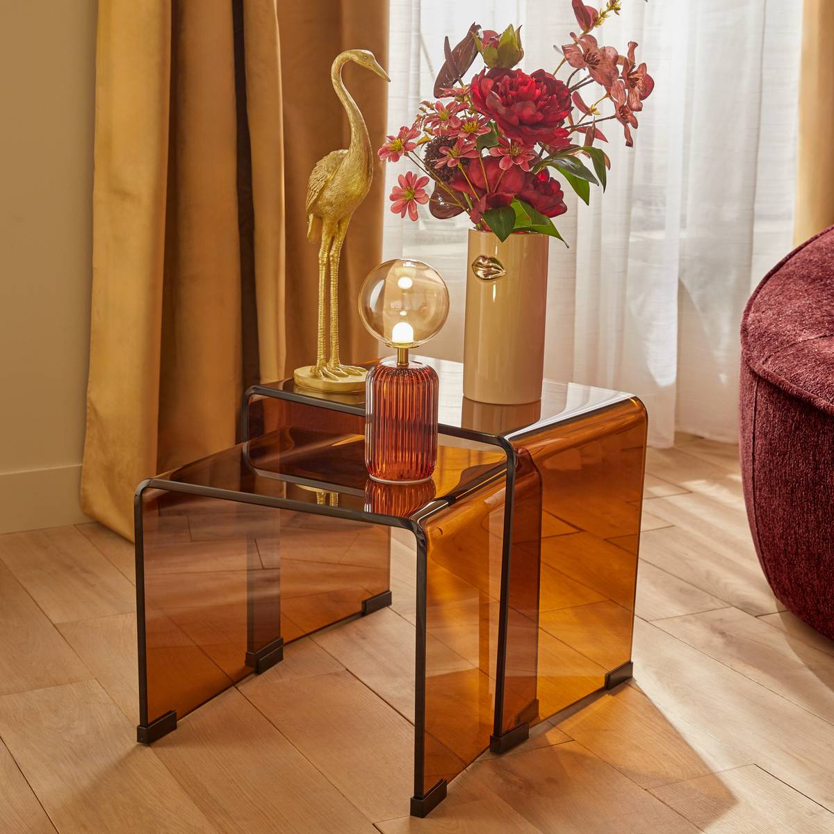 Lot de 2 tables gigognes rectangulaires en verre trempé LENIA ambre, ATMOSPHERA