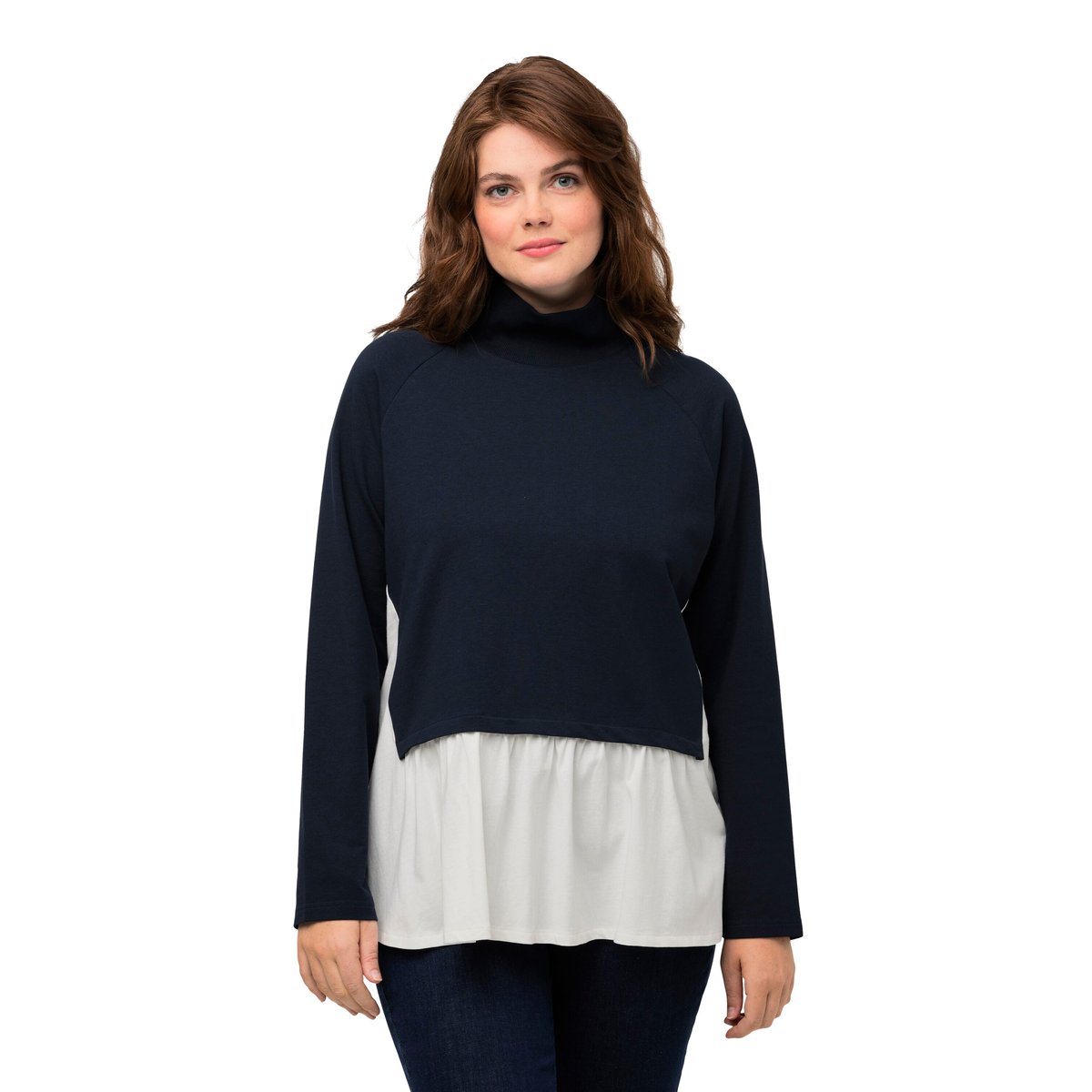 Sweat-shirt en coton bio à col montant et marine, ULLA POPKEN